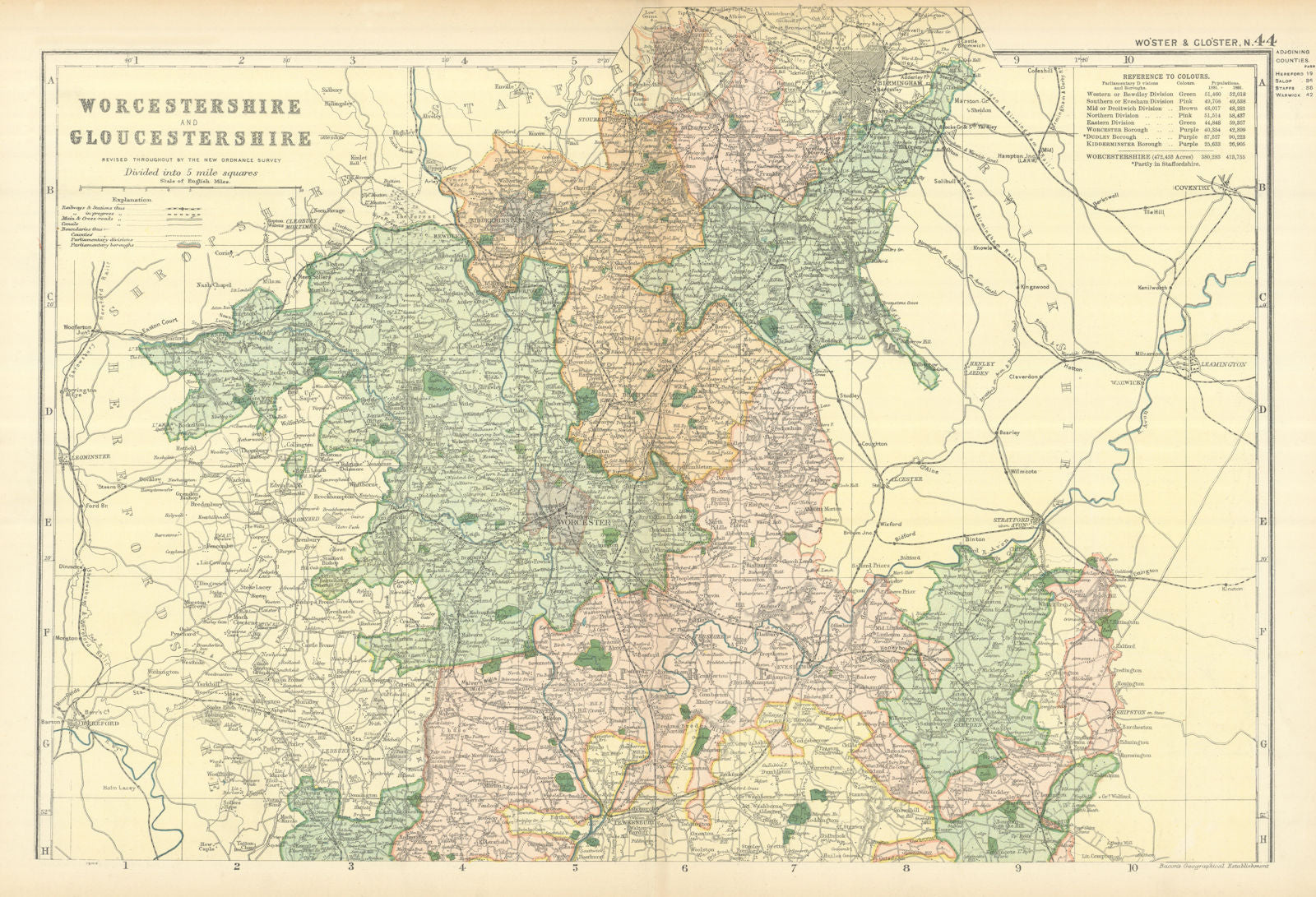 WORCESTERSHIRE & GLOUCESTERSHIRE (North) antique county map by GW BACON 1898
